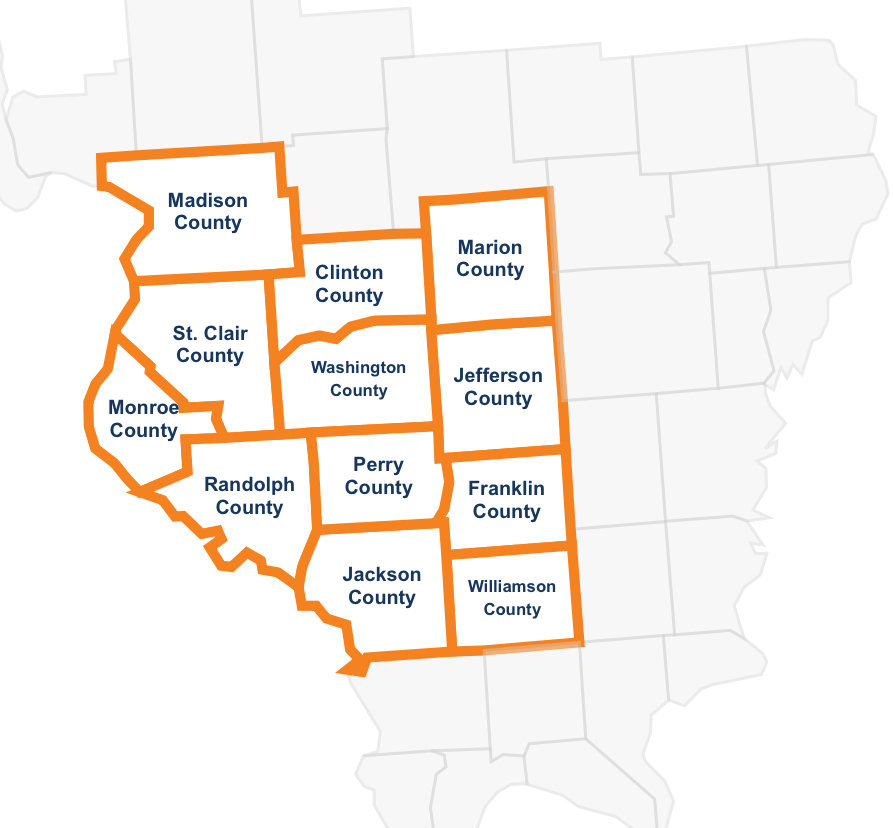 Map showing Metro Septic service area across Southern Illinois